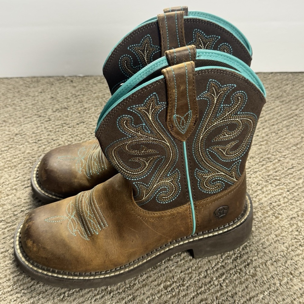 Ariat Womens 7 Fatbaby Heritage Western Boot Cowboy Brown Leather Blue Stitching